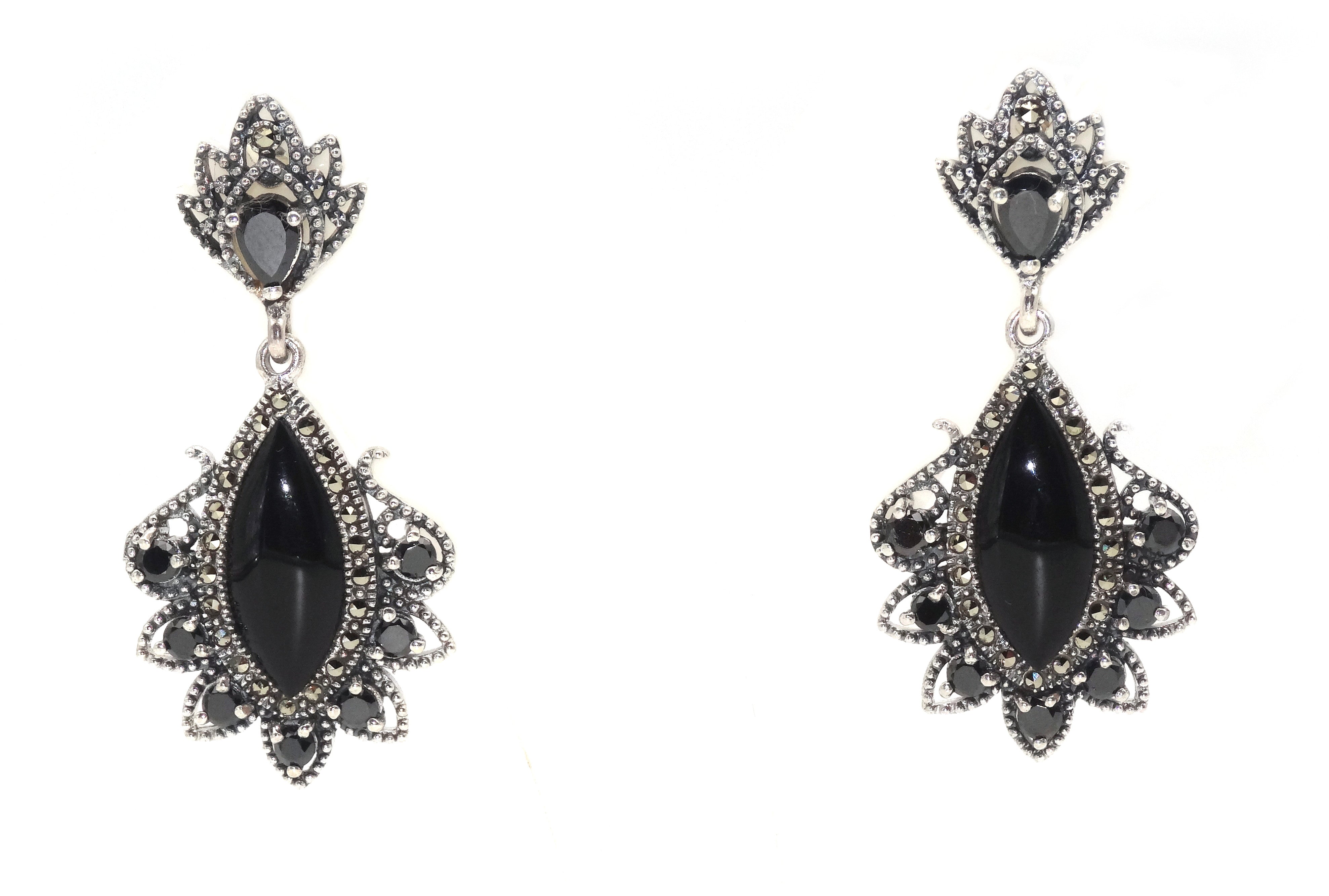 silver mercasite and black crystals earrings