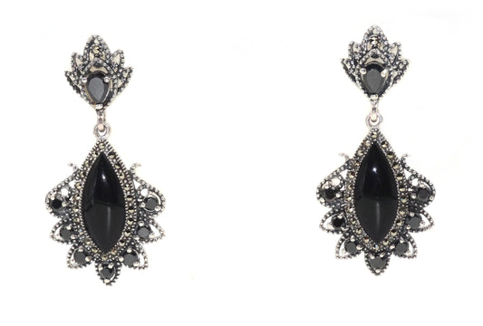 silver mercasite and black crystals earrings