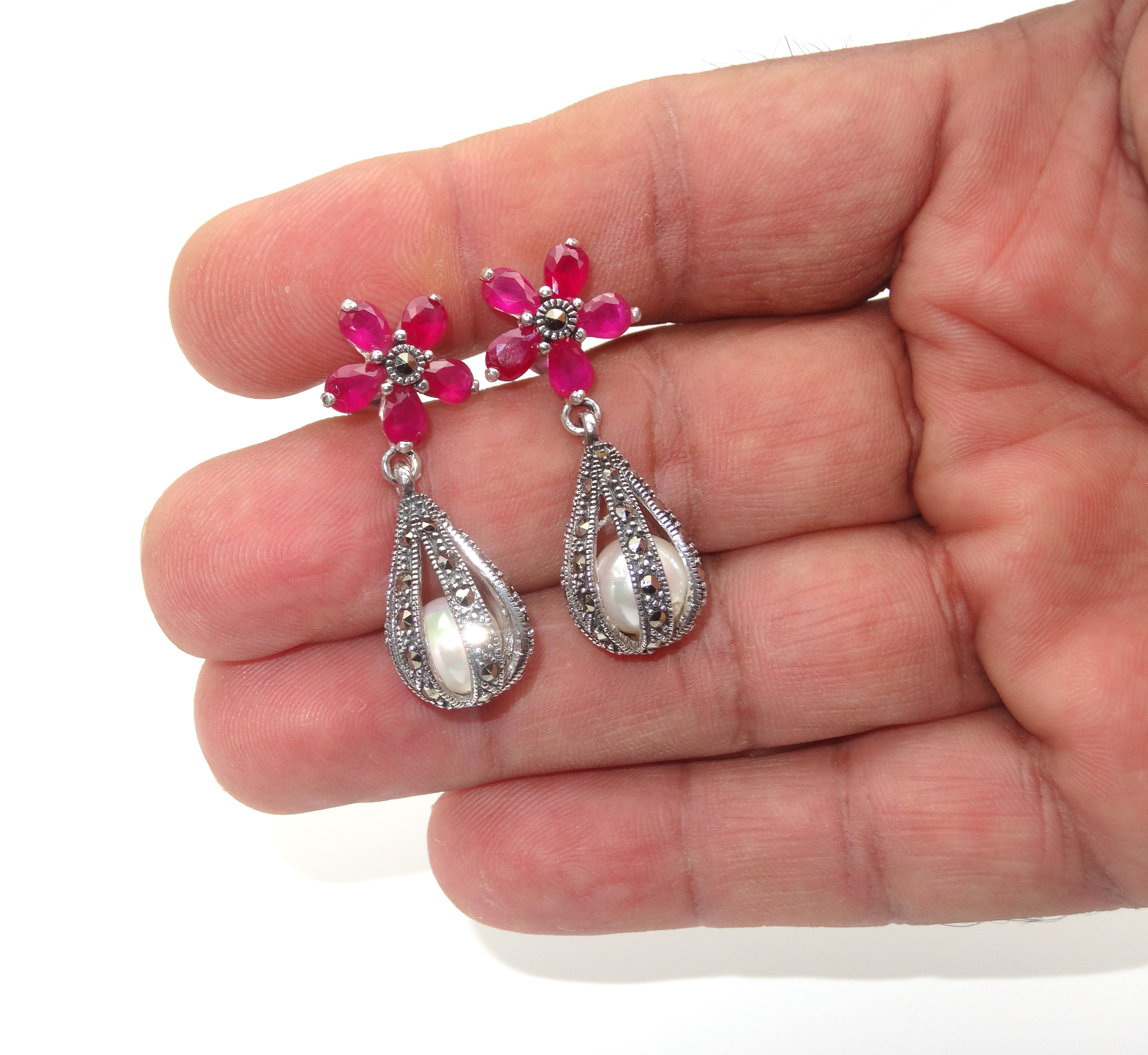 pure 925 silver earrings with ruby pearl and mercasite